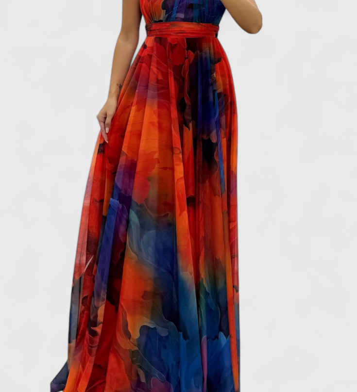 Abito Maxi Antonija en Chiffon con Motivo Floral y Cuello Halter