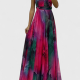 Abito Maxi Antonija en Chiffon con Motivo Floral y Cuello Halter