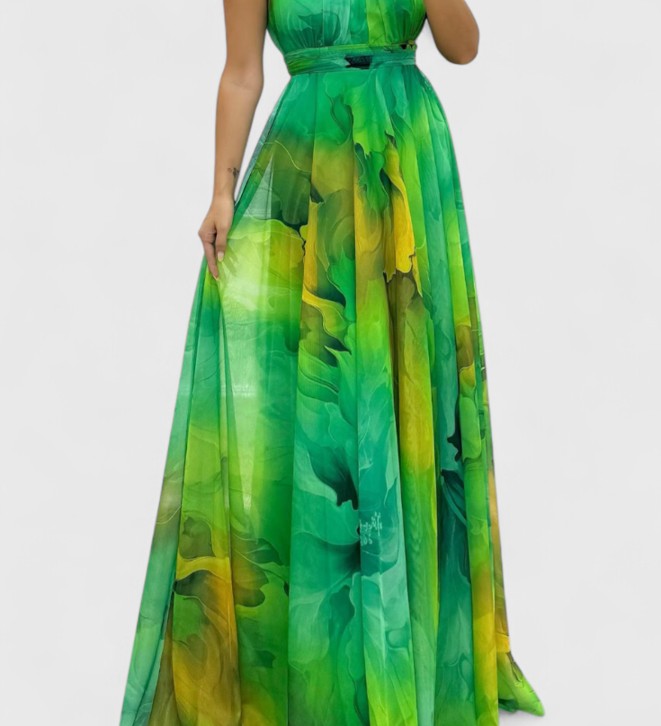 Abito Maxi Antonija en Chiffon con Motivo Floral y Cuello Halter